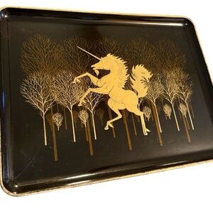 Otagiri Japan Vintage Black and Gold Lacquer Unicorn Serving Tray